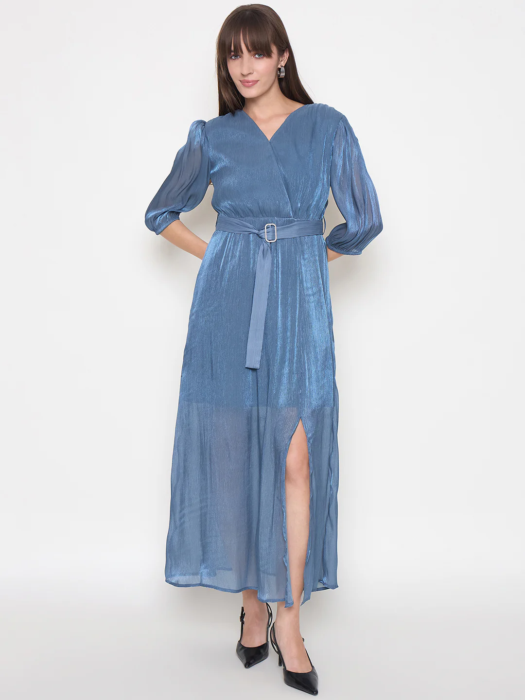 Madame Wrinkled Lurex Self Design Belted Blue Maxi Dress - Image 3
