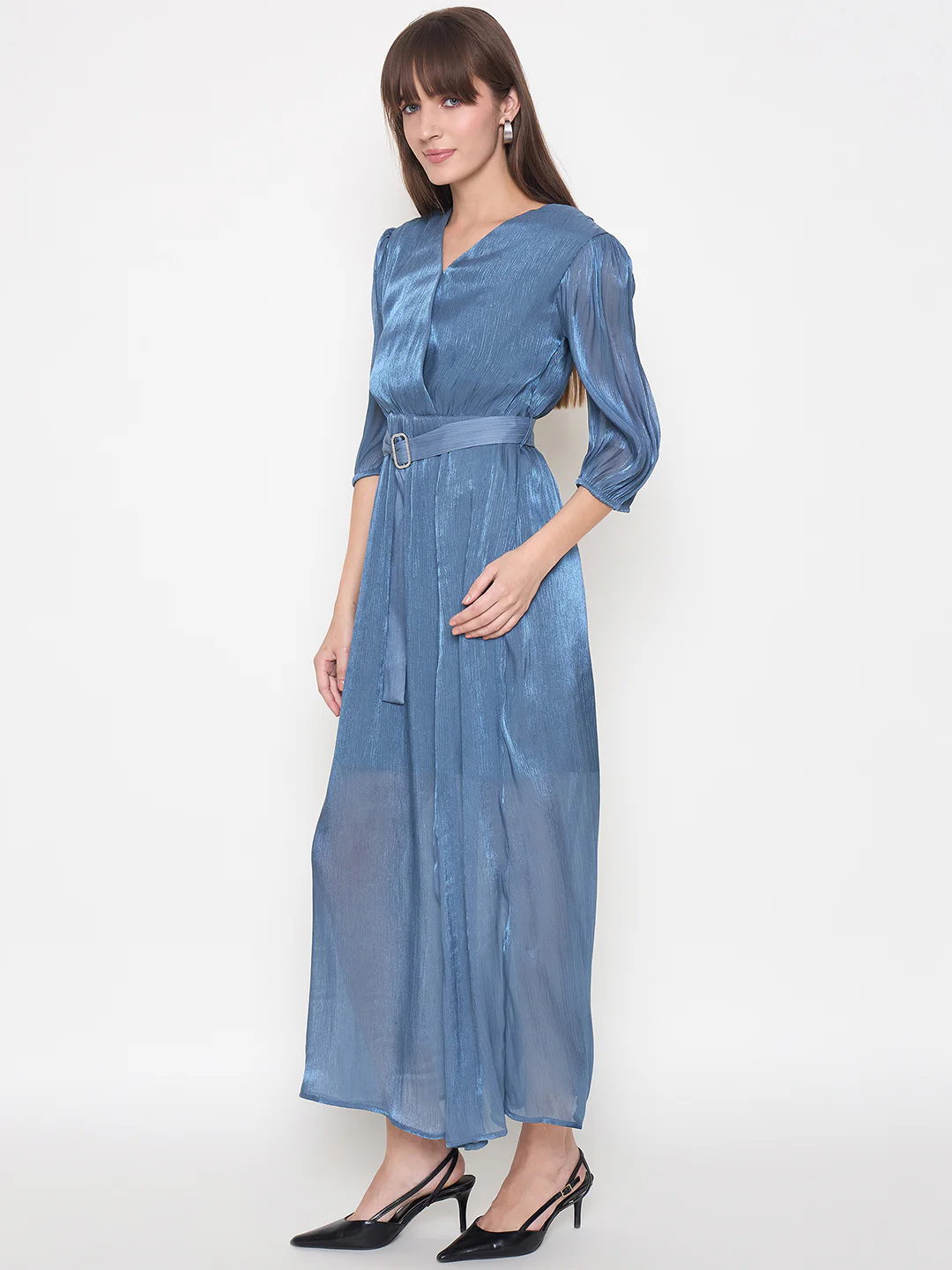 Madame Wrinkled Lurex Self Design Belted Blue Maxi Dress - Image 5