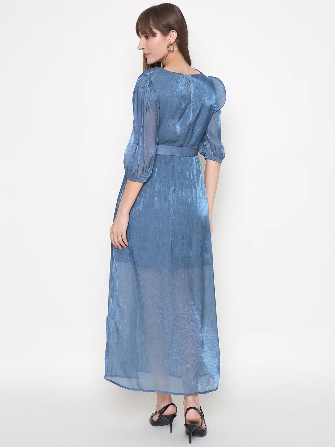 Madame Wrinkled Lurex Self Design Belted Blue Maxi Dress - Image 6