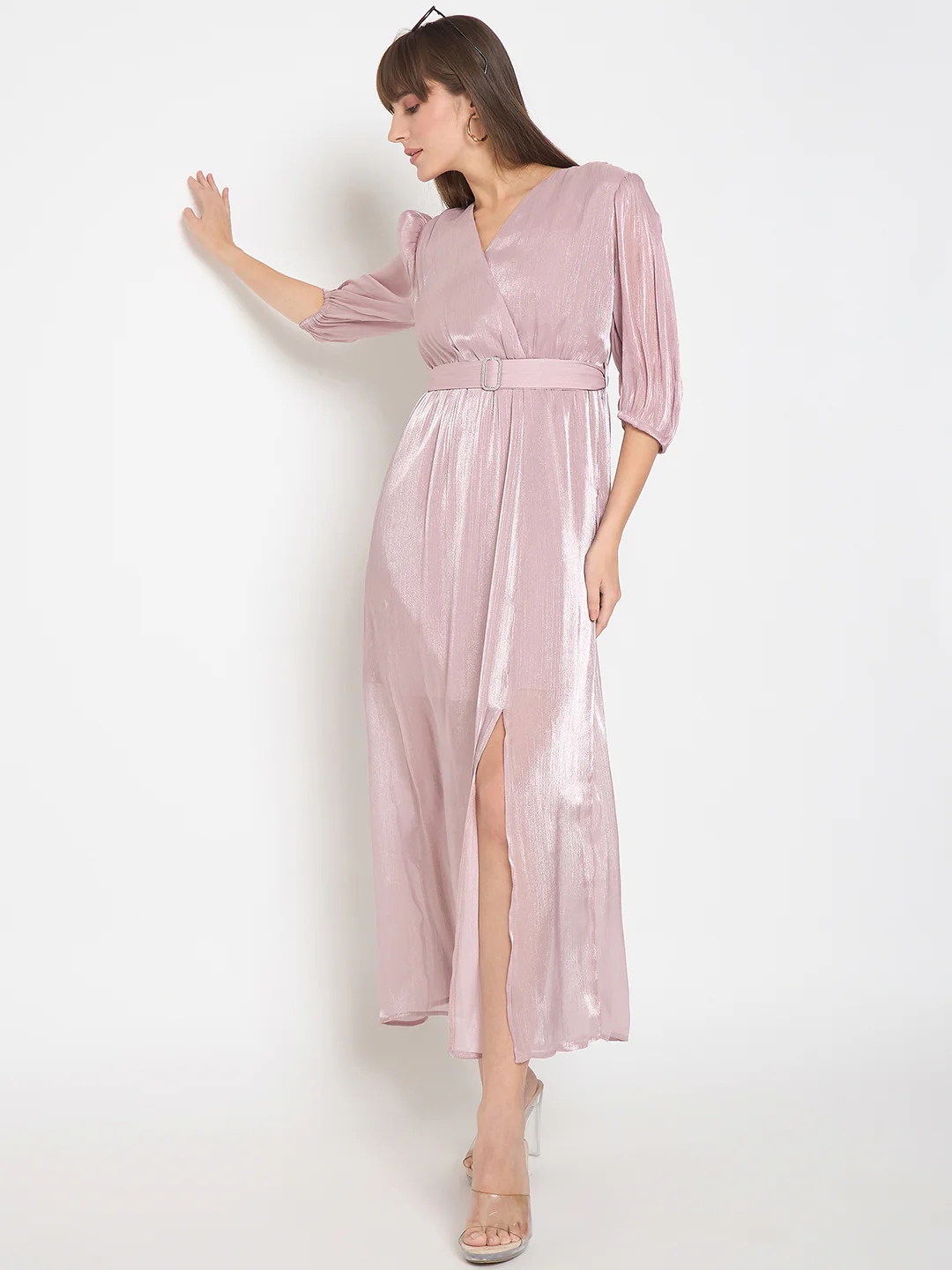 Madame Wrinkled Lurex Self Design Belted Pink Maxi Dress