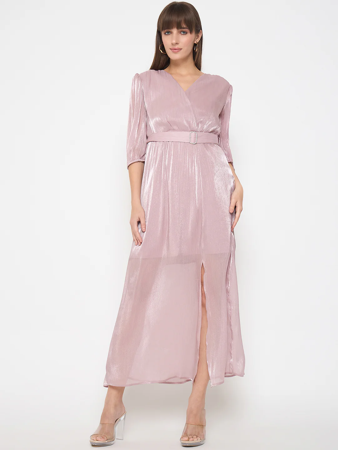 Madame Wrinkled Lurex Self Design Belted Pink Maxi Dress - Image 3