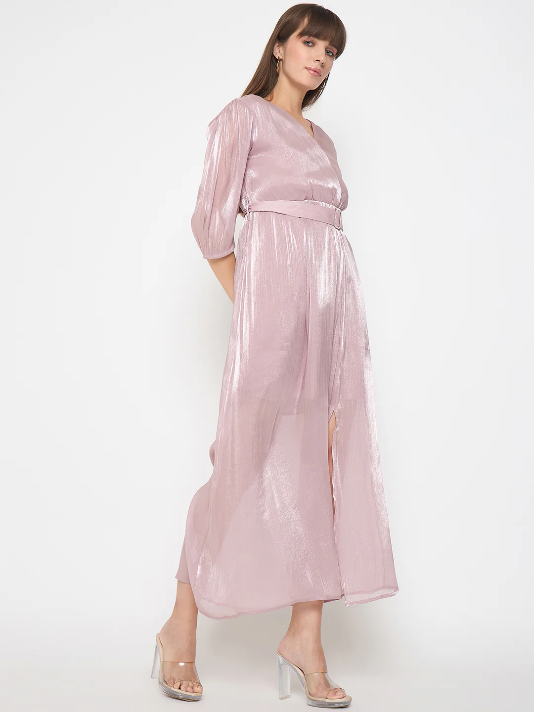 Madame Wrinkled Lurex Self Design Belted Pink Maxi Dress - Image 4