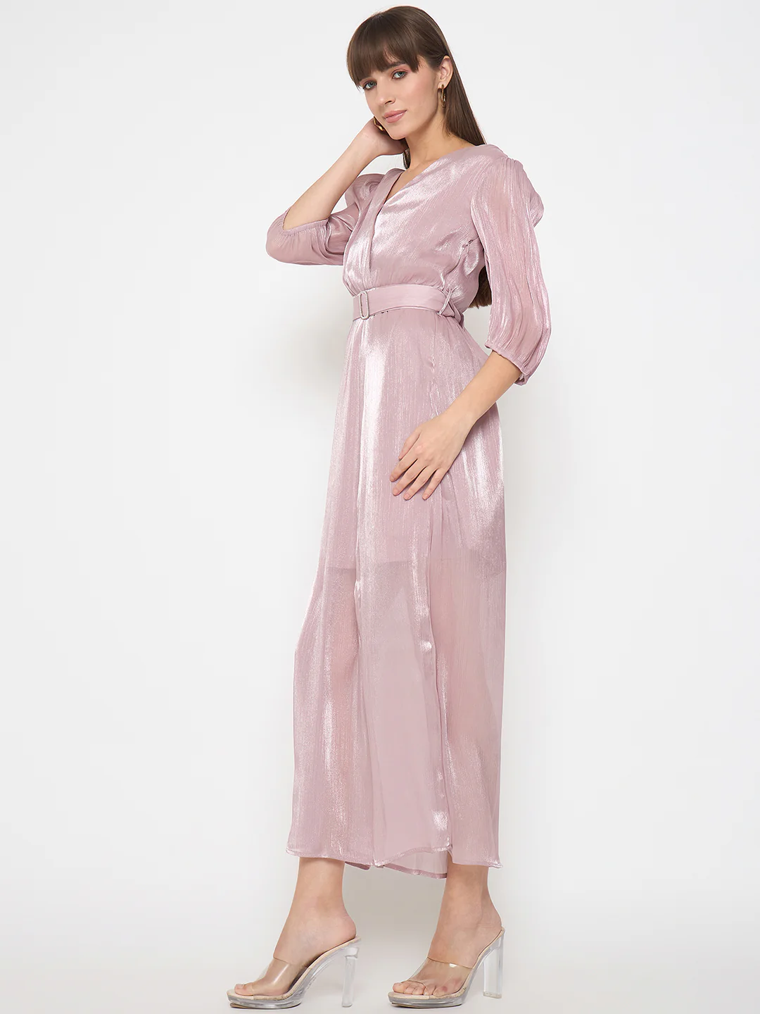 Madame Wrinkled Lurex Self Design Belted Pink Maxi Dress - Image 5
