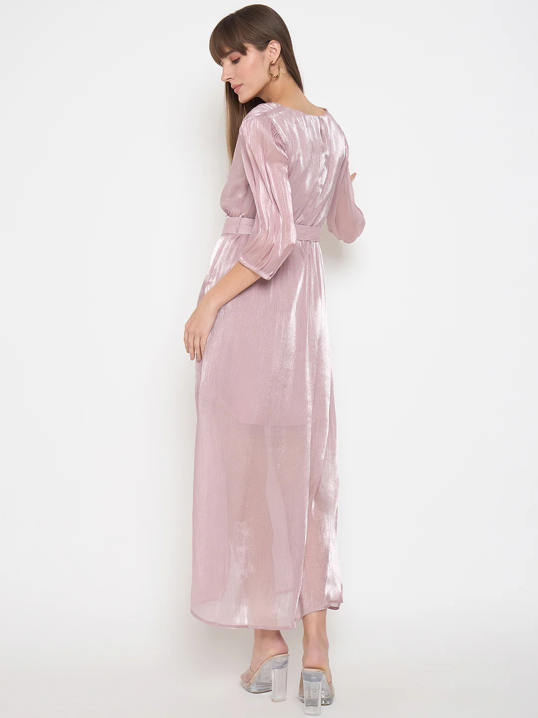 Madame Wrinkled Lurex Self Design Belted Pink Maxi Dress - Image 6