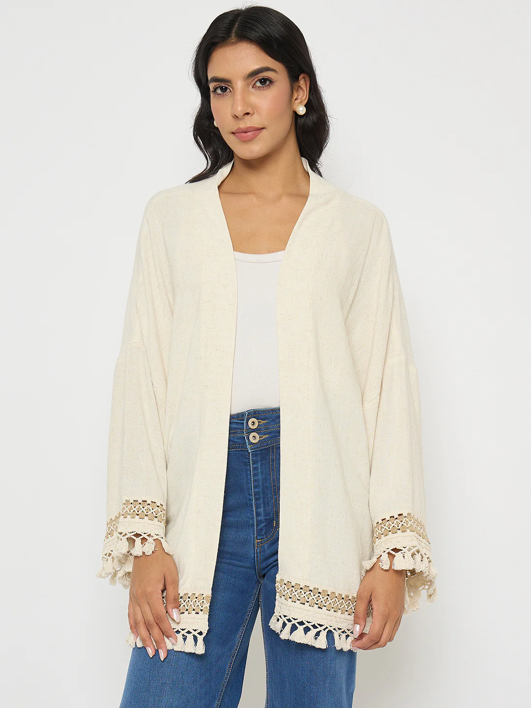 Madame Crochet Lace Trim and Tassel Detail Beige Shrug - Image 3