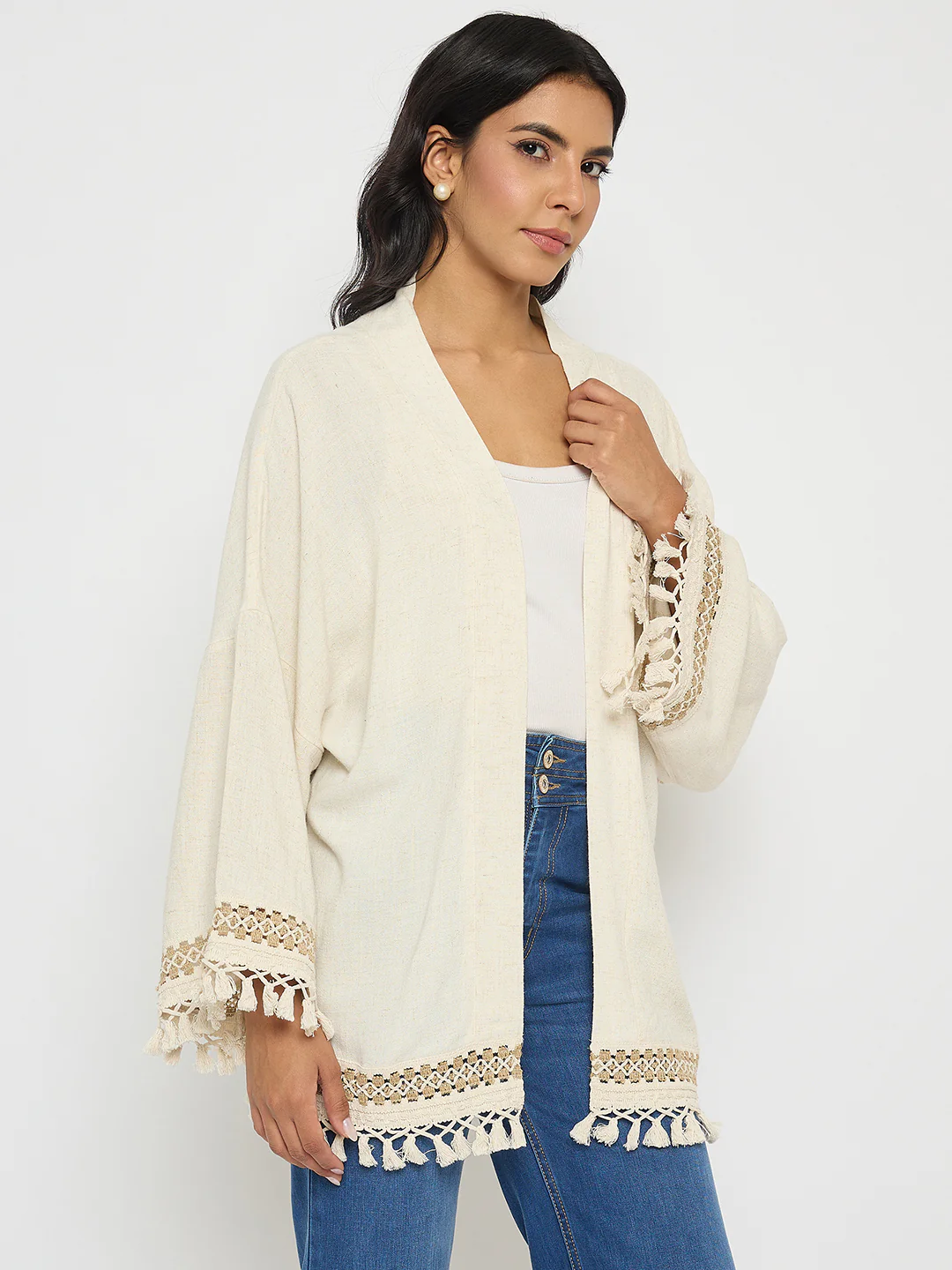 Madame Crochet Lace Trim and Tassel Detail Beige Shrug - Image 4