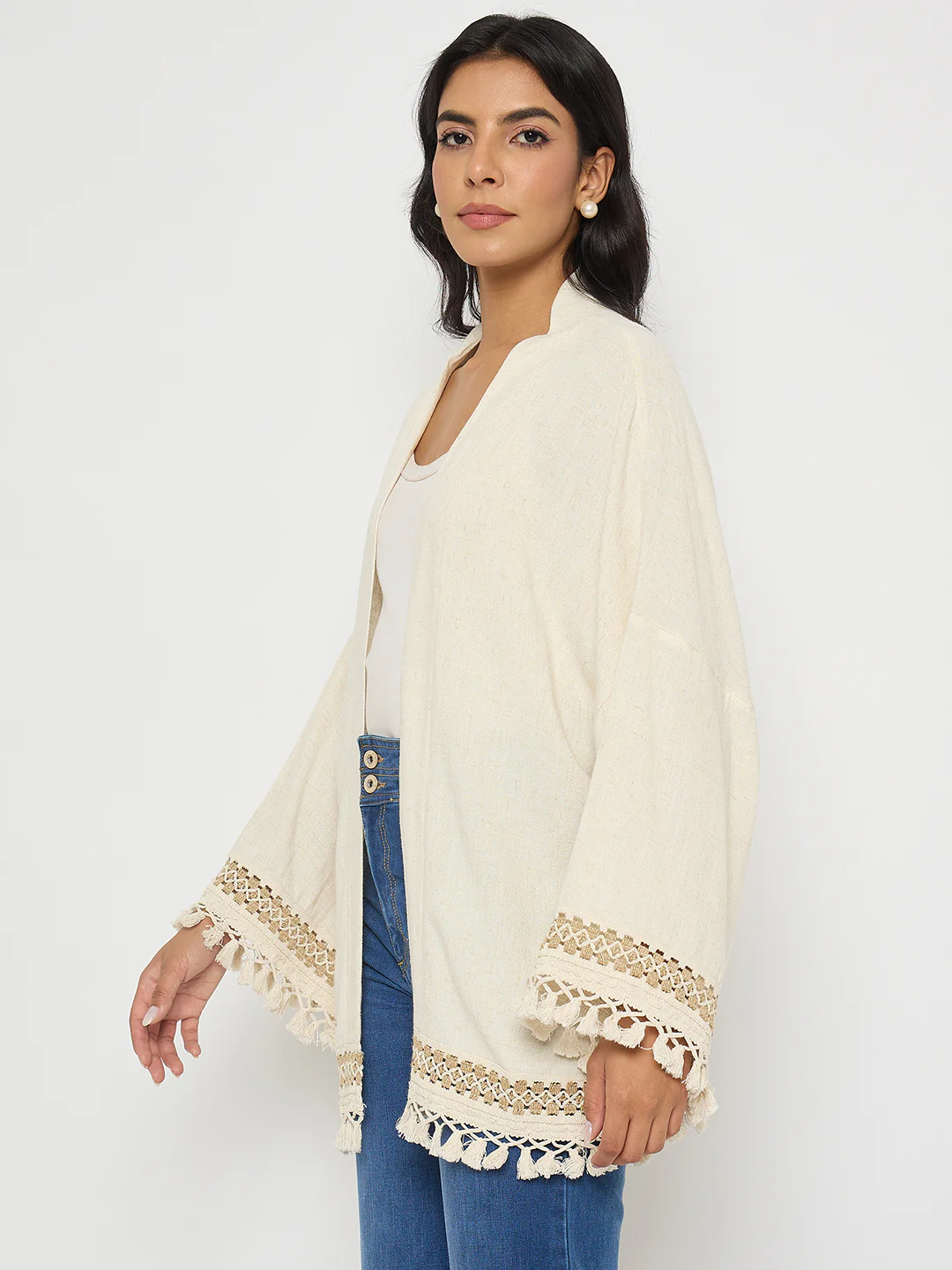 Madame Crochet Lace Trim and Tassel Detail Beige Shrug - Image 5