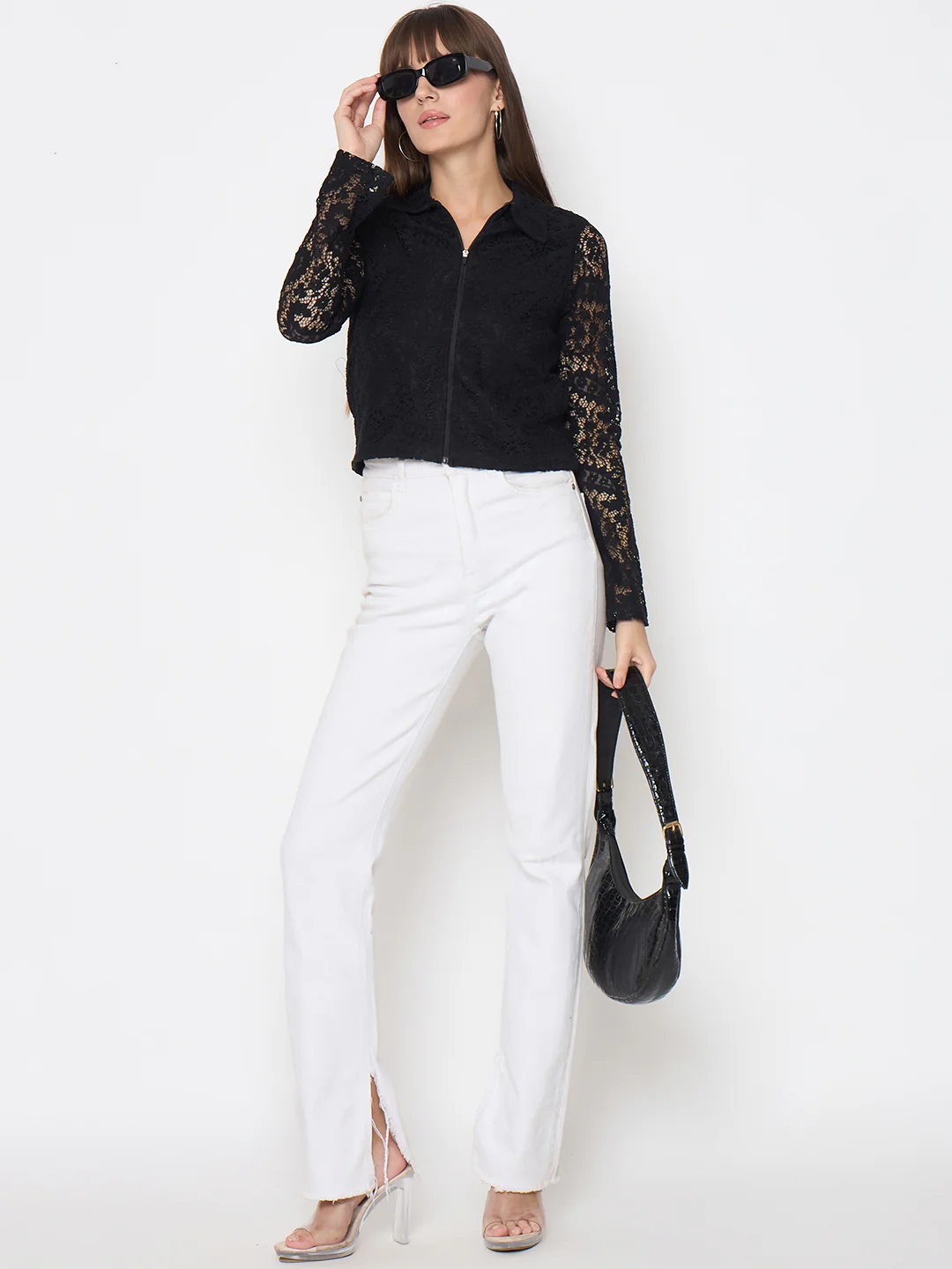 Madame Lace Zipper Cotton Blend Solid Black Top - Image 2