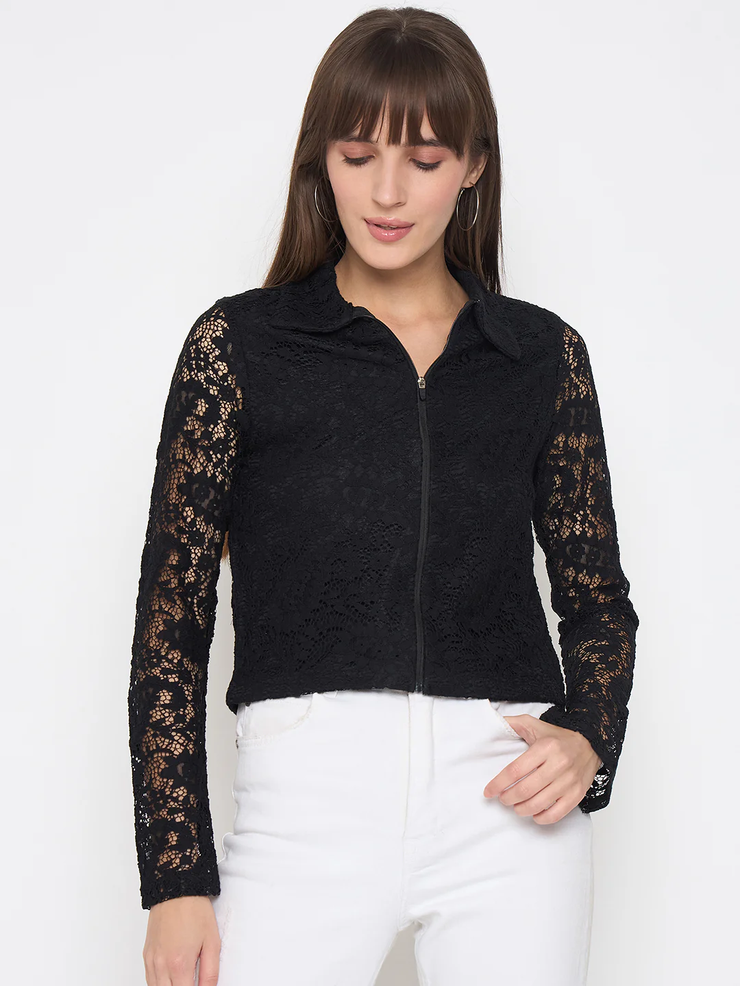 Madame Lace Zipper Cotton Blend Solid Black Top - Image 3