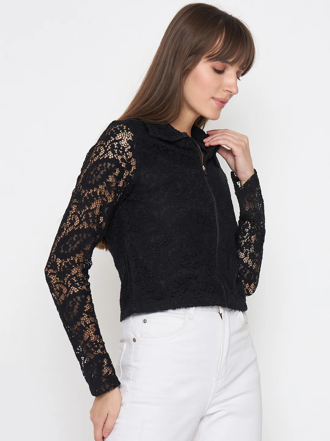 Madame Lace Zipper Cotton Blend Solid Black Top - Image 4