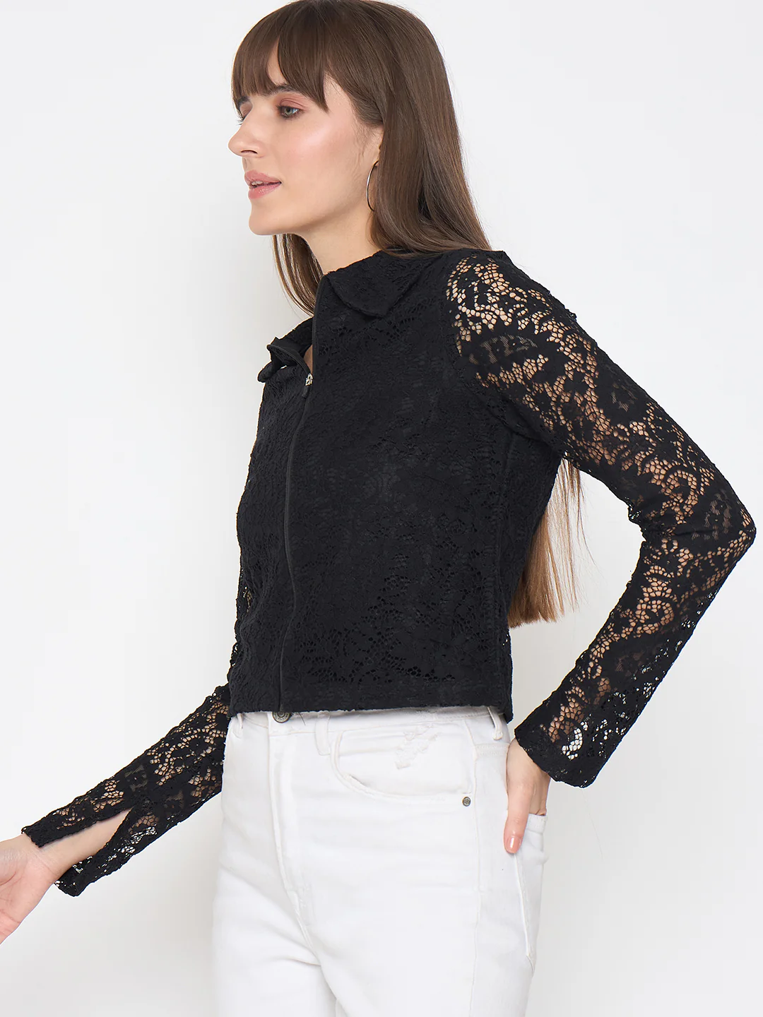 Madame Lace Zipper Cotton Blend Solid Black Top - Image 5