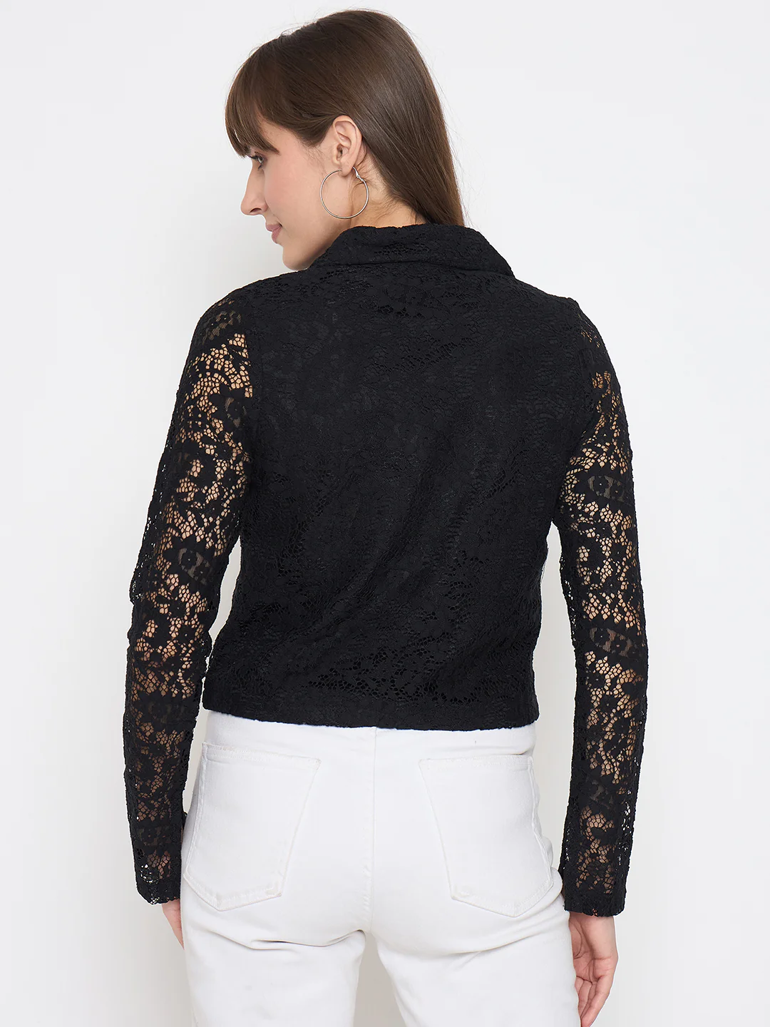 Madame Lace Zipper Cotton Blend Solid Black Top - Image 6