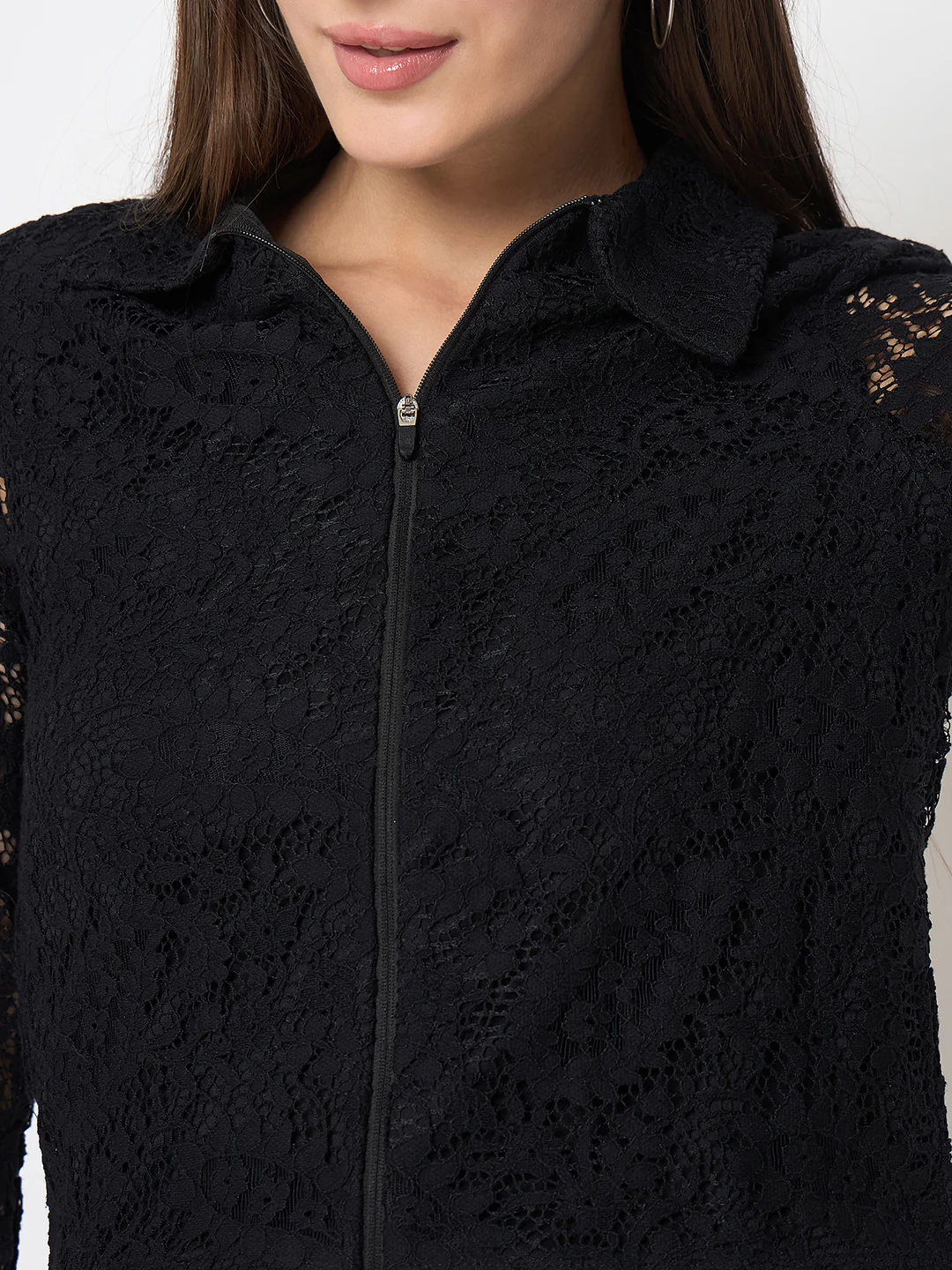 Madame Lace Zipper Cotton Blend Solid Black Top - Image 7