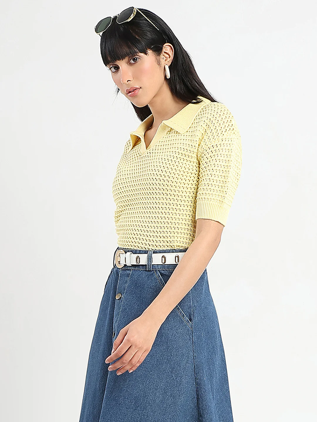 Madame Semi Sheer Yellow Cotton Knitted Top - Image 3