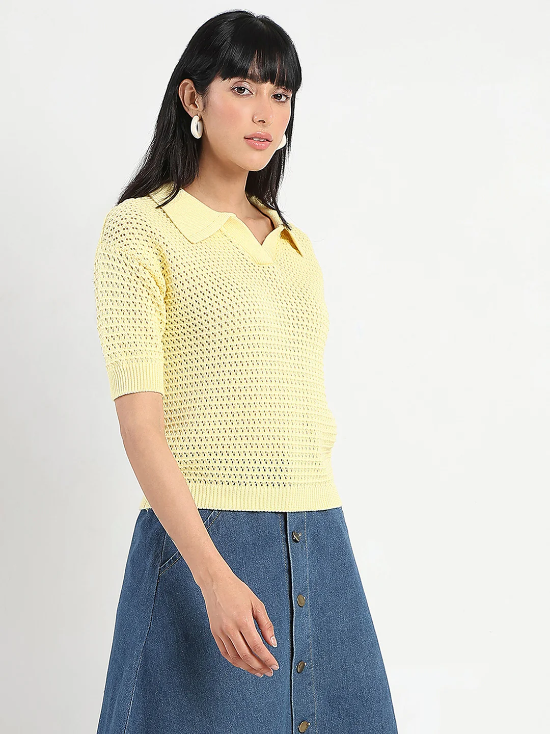 Madame Semi Sheer Yellow Cotton Knitted Top - Image 4