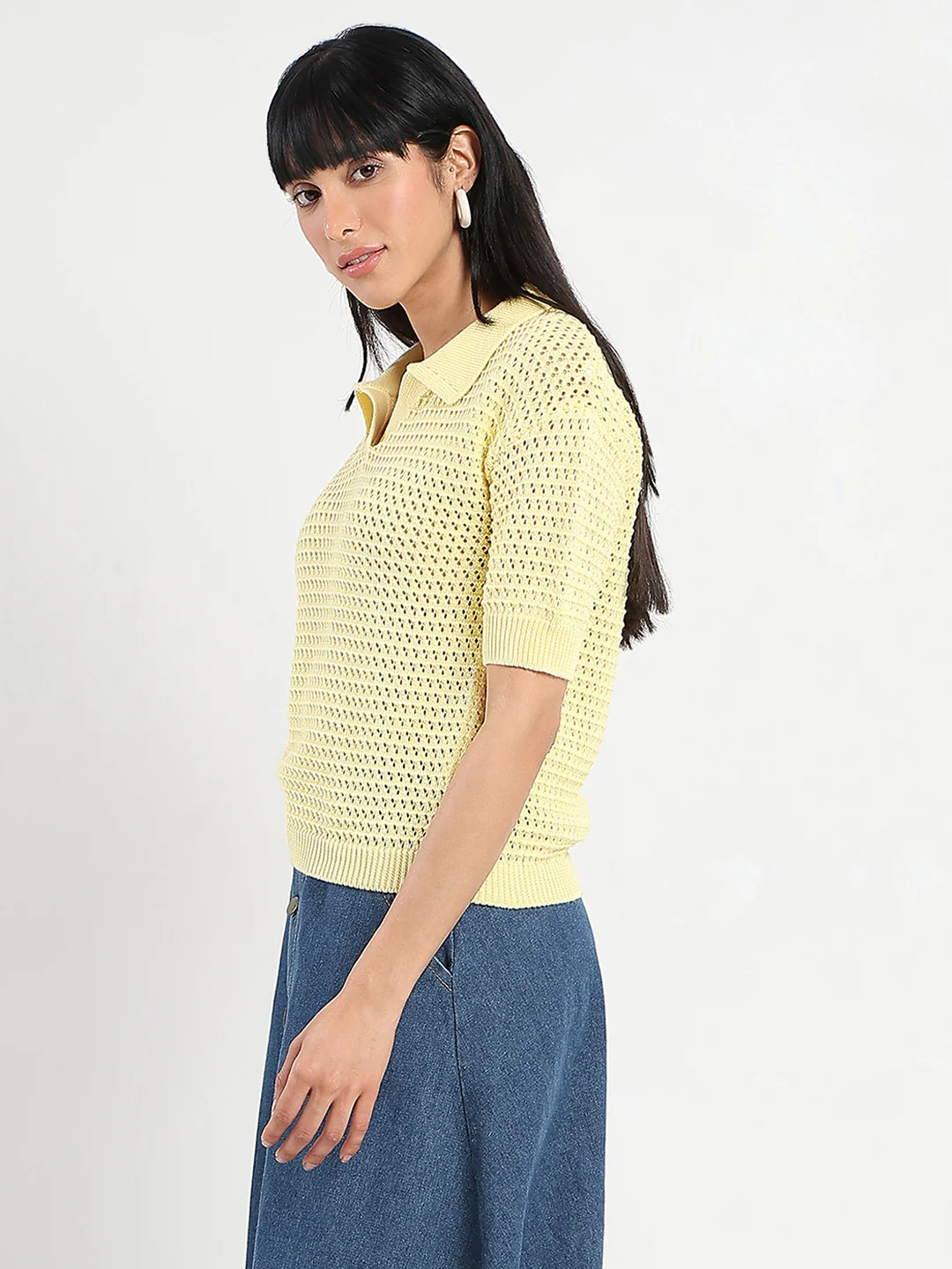 Madame Semi Sheer Yellow Cotton Knitted Top - Image 5