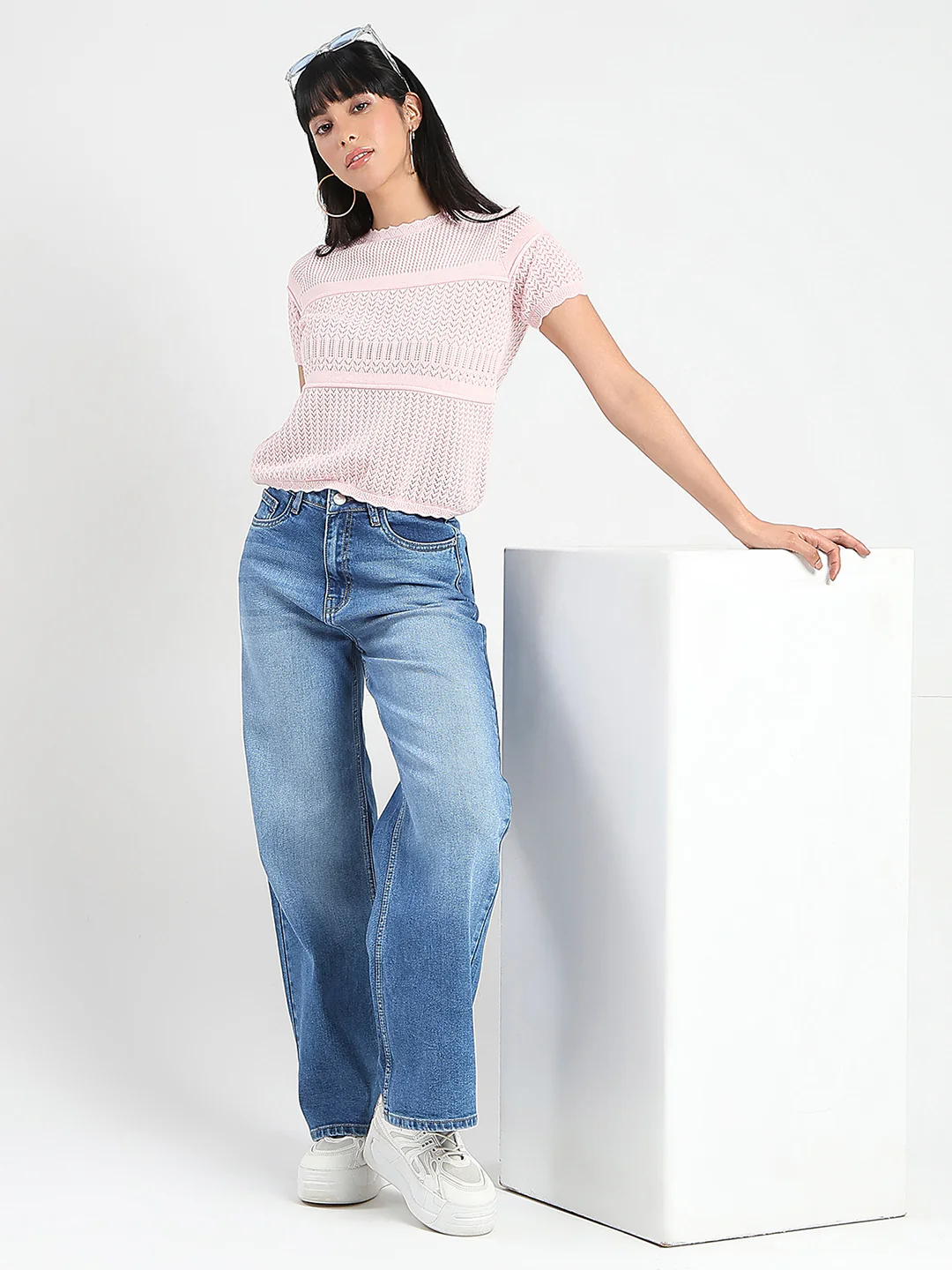 Madame Semi Sheer Knitted Cotton Blend Pink Top - Image 2