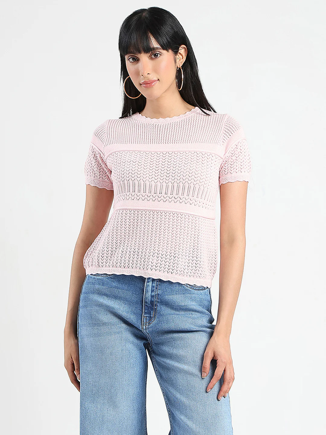 Madame Semi Sheer Knitted Cotton Blend Pink Top - Image 3