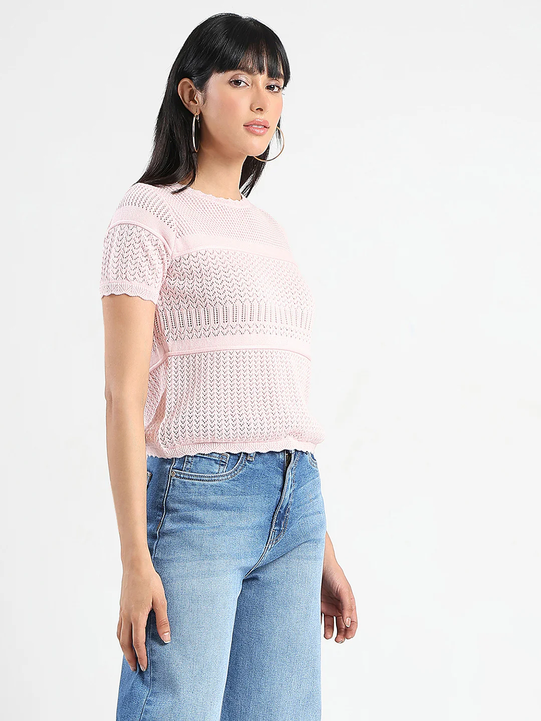 Madame Semi Sheer Knitted Cotton Blend Pink Top - Image 4