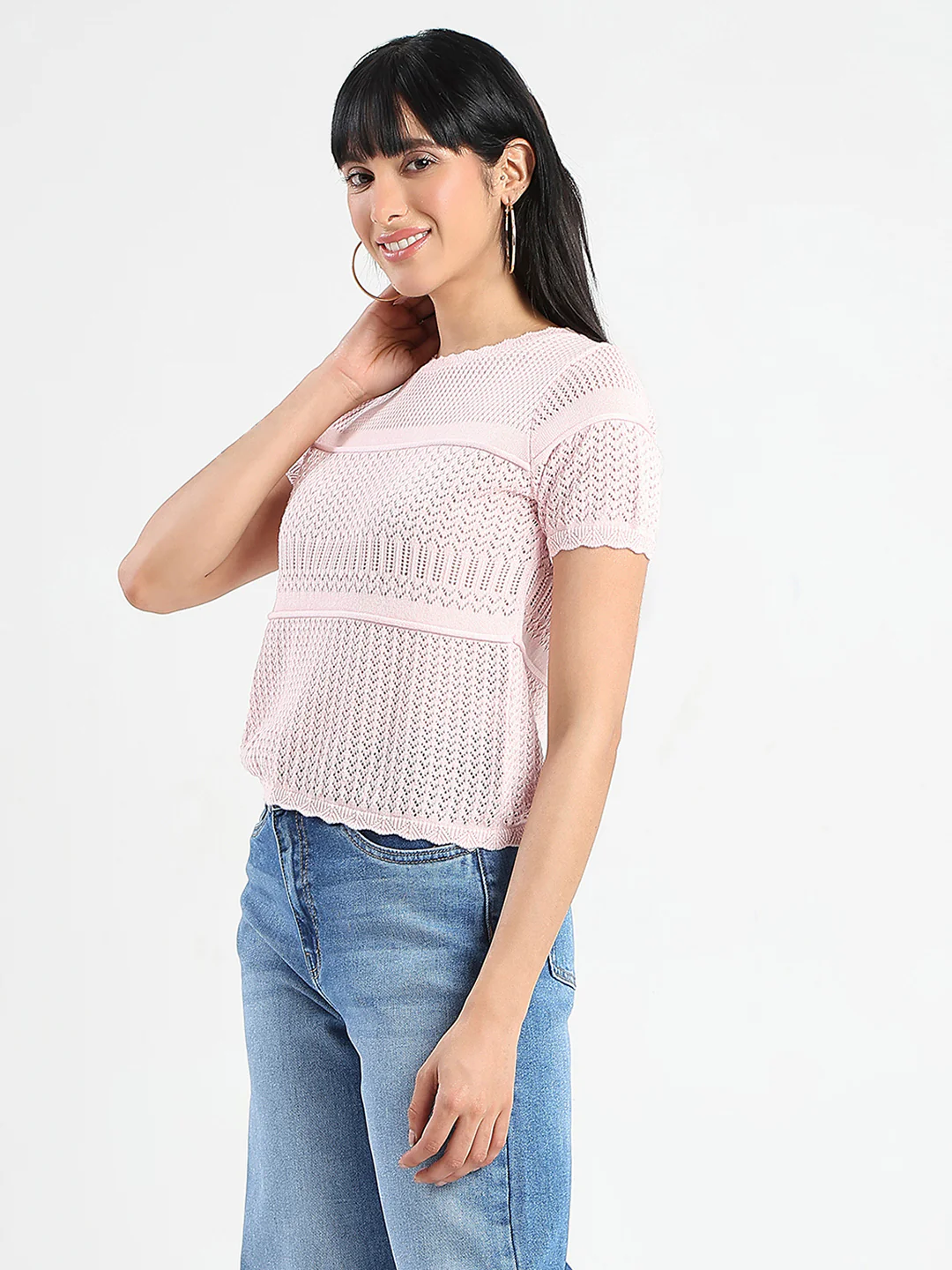 Madame Semi Sheer Knitted Cotton Blend Pink Top - Image 5