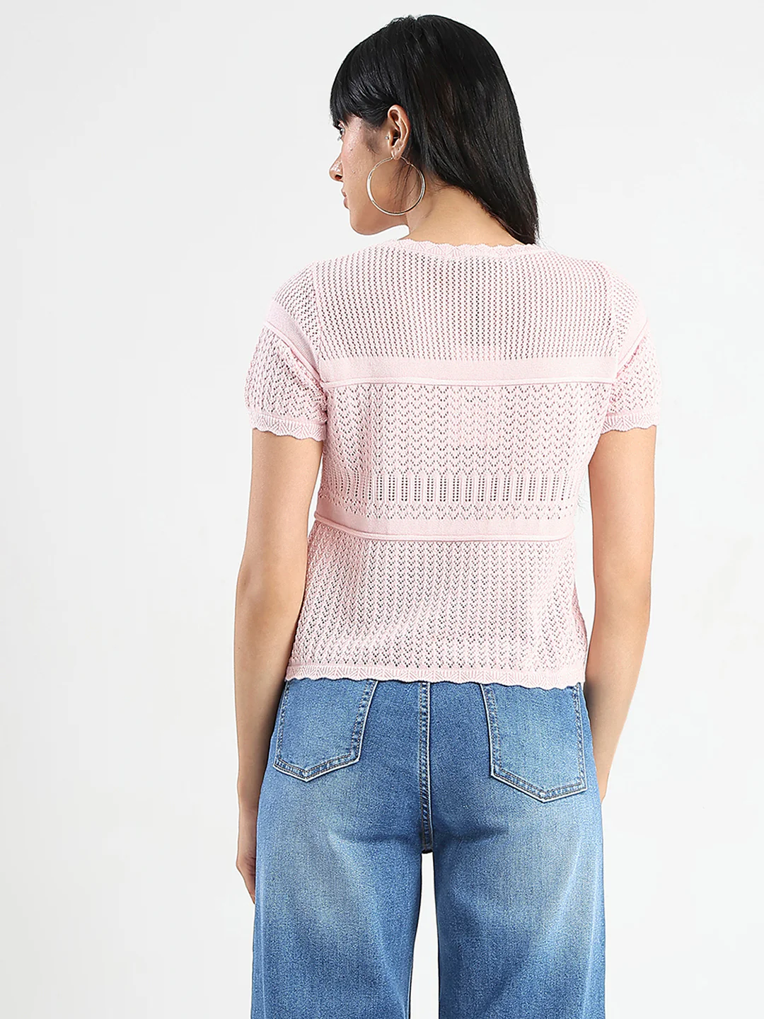 Madame Semi Sheer Knitted Cotton Blend Pink Top - Image 6
