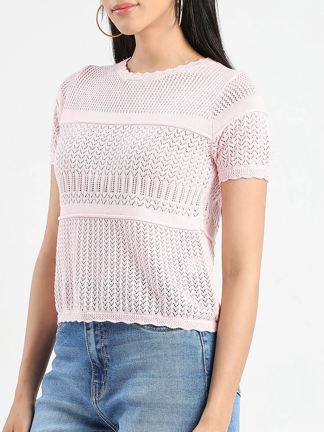 Madame Semi Sheer Knitted Cotton Blend Pink Top - Image 7