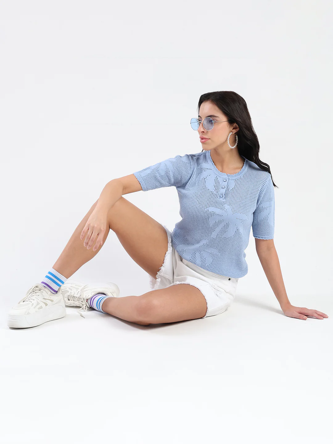 Madame Semi Sheer Botanical Pattern Sky Blue Knit Top - Image 2