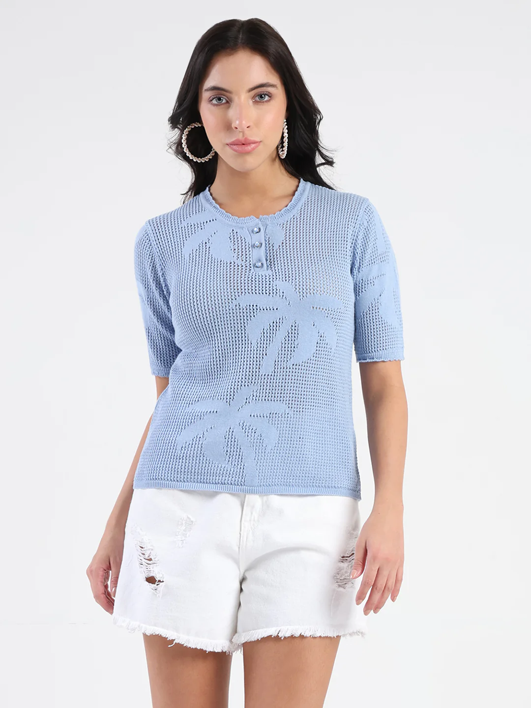 Madame Semi Sheer Botanical Pattern Sky Blue Knit Top - Image 3