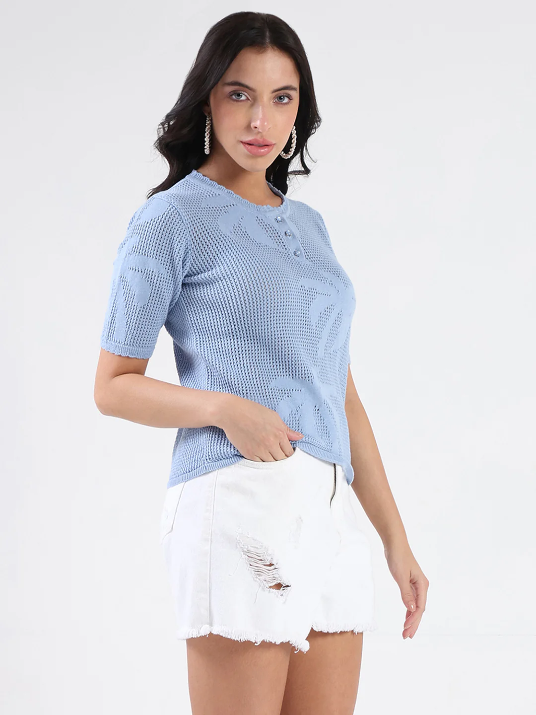 Madame Semi Sheer Botanical Pattern Sky Blue Knit Top - Image 4