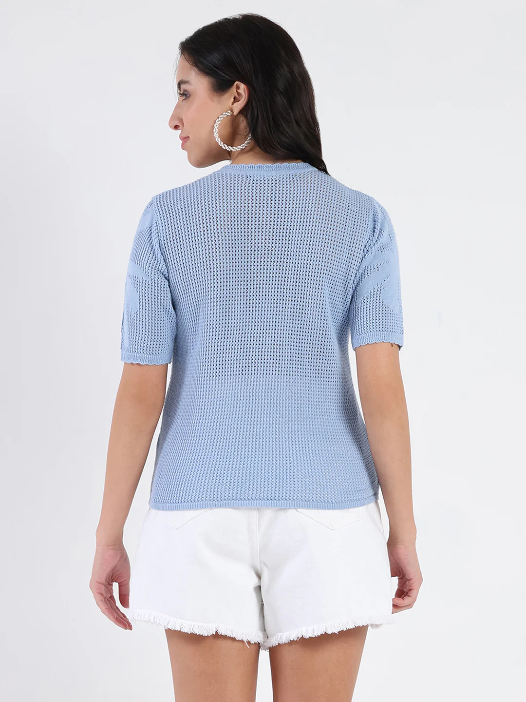 Madame Semi Sheer Botanical Pattern Sky Blue Knit Top - Image 6