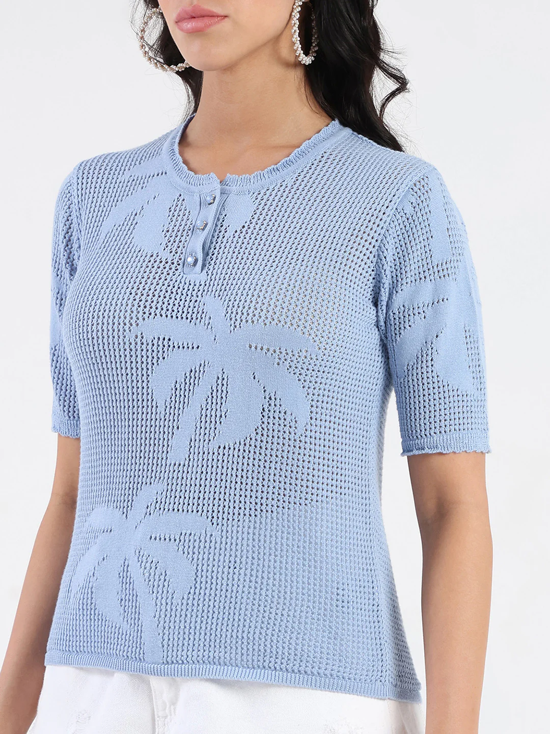 Madame Semi Sheer Botanical Pattern Sky Blue Knit Top - Image 7