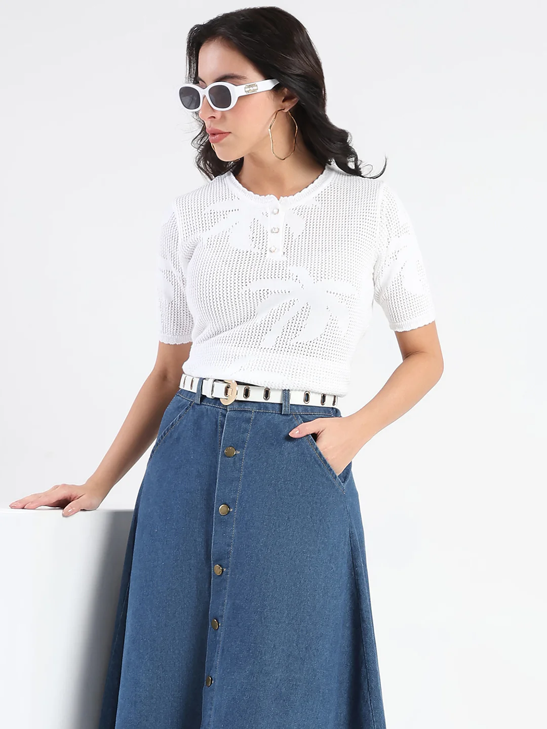 Madame Semi Sheer Botanical Pattern White Knit Top
