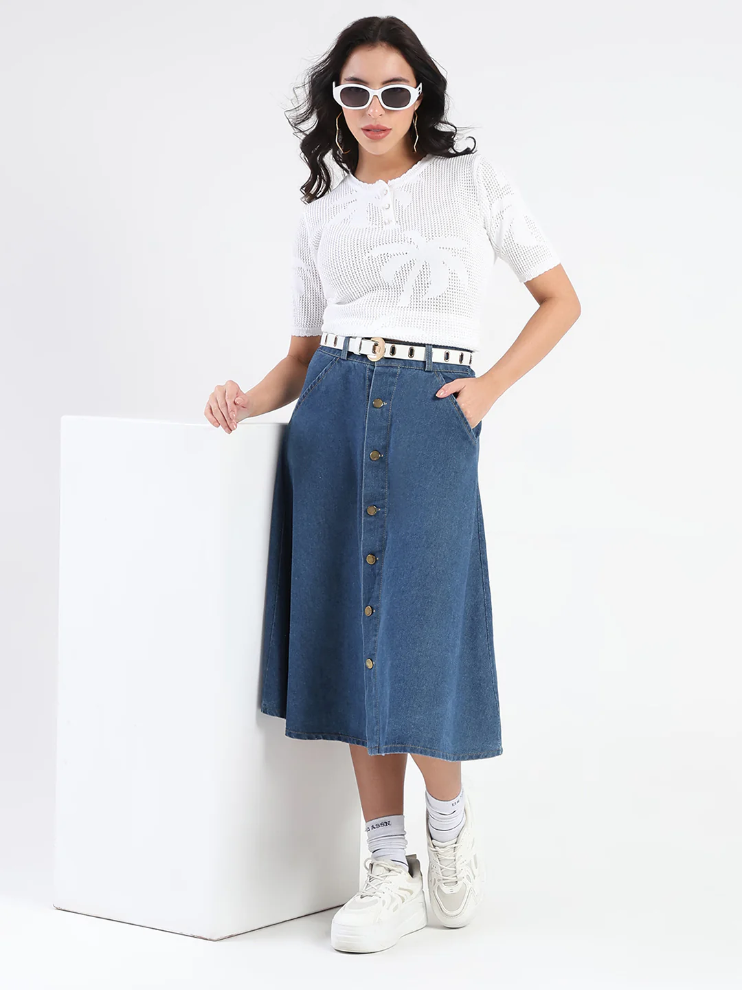 Madame Semi Sheer Botanical Pattern White Knit Top - Image 2