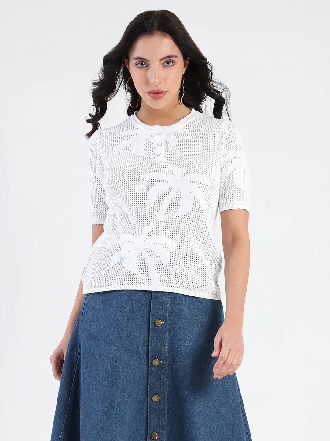 Madame Semi Sheer Botanical Pattern White Knit Top - Image 3