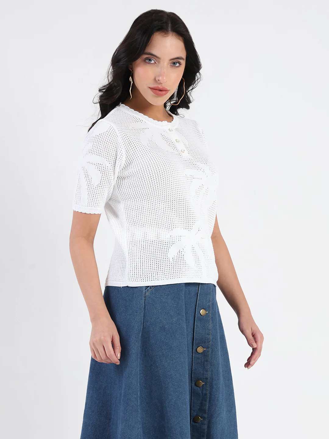 Madame Semi Sheer Botanical Pattern White Knit Top - Image 4