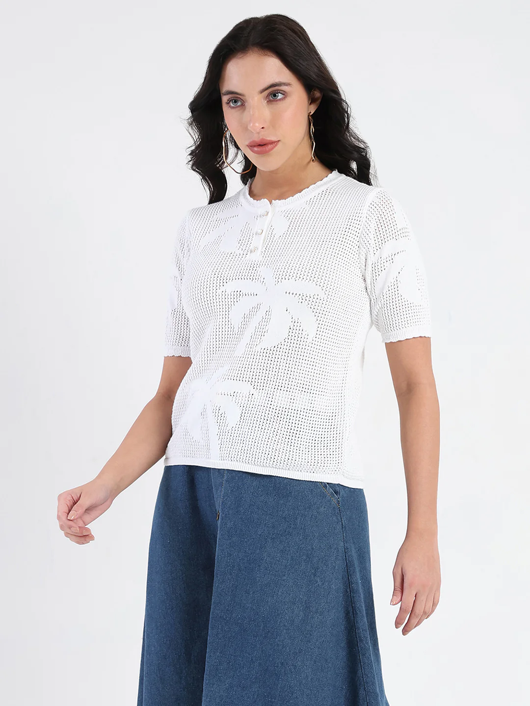 Madame Semi Sheer Botanical Pattern White Knit Top - Image 5