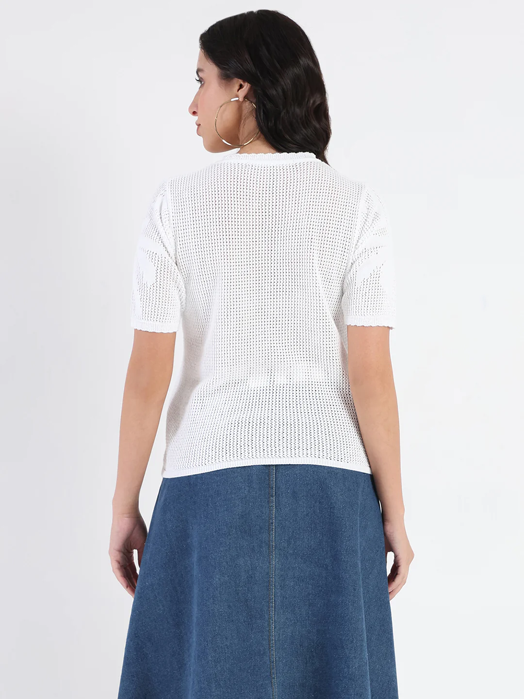 Madame Semi Sheer Botanical Pattern White Knit Top - Image 6