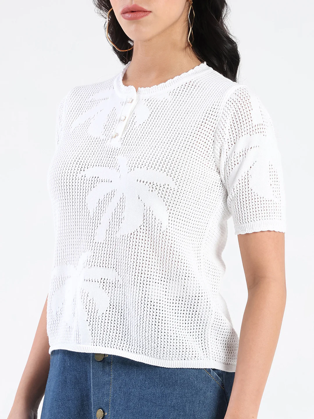 Madame Semi Sheer Botanical Pattern White Knit Top - Image 7