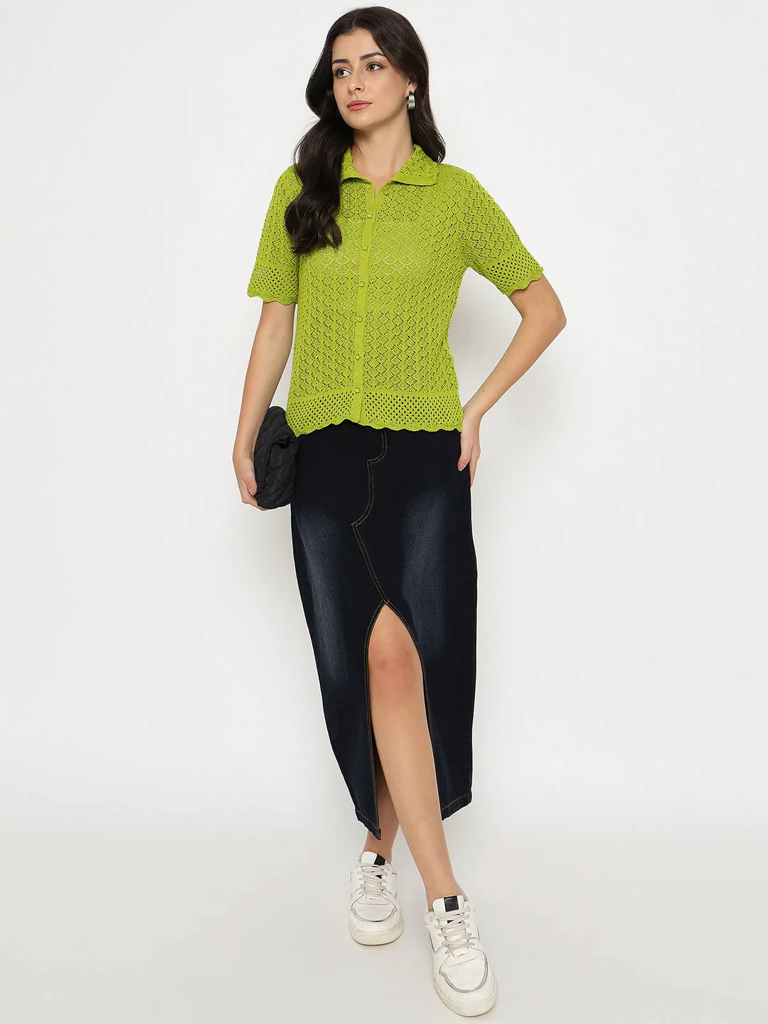 Madame Scalloped Hem Mehendi Green Knitted Polo Top - Image 2