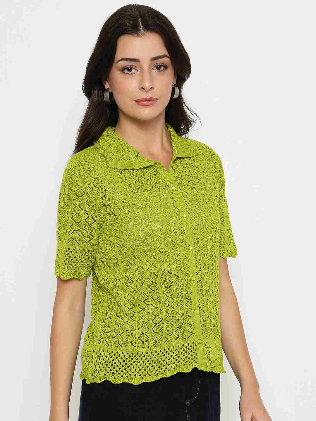 Madame Scalloped Hem Mehendi Green Knitted Polo Top - Image 4