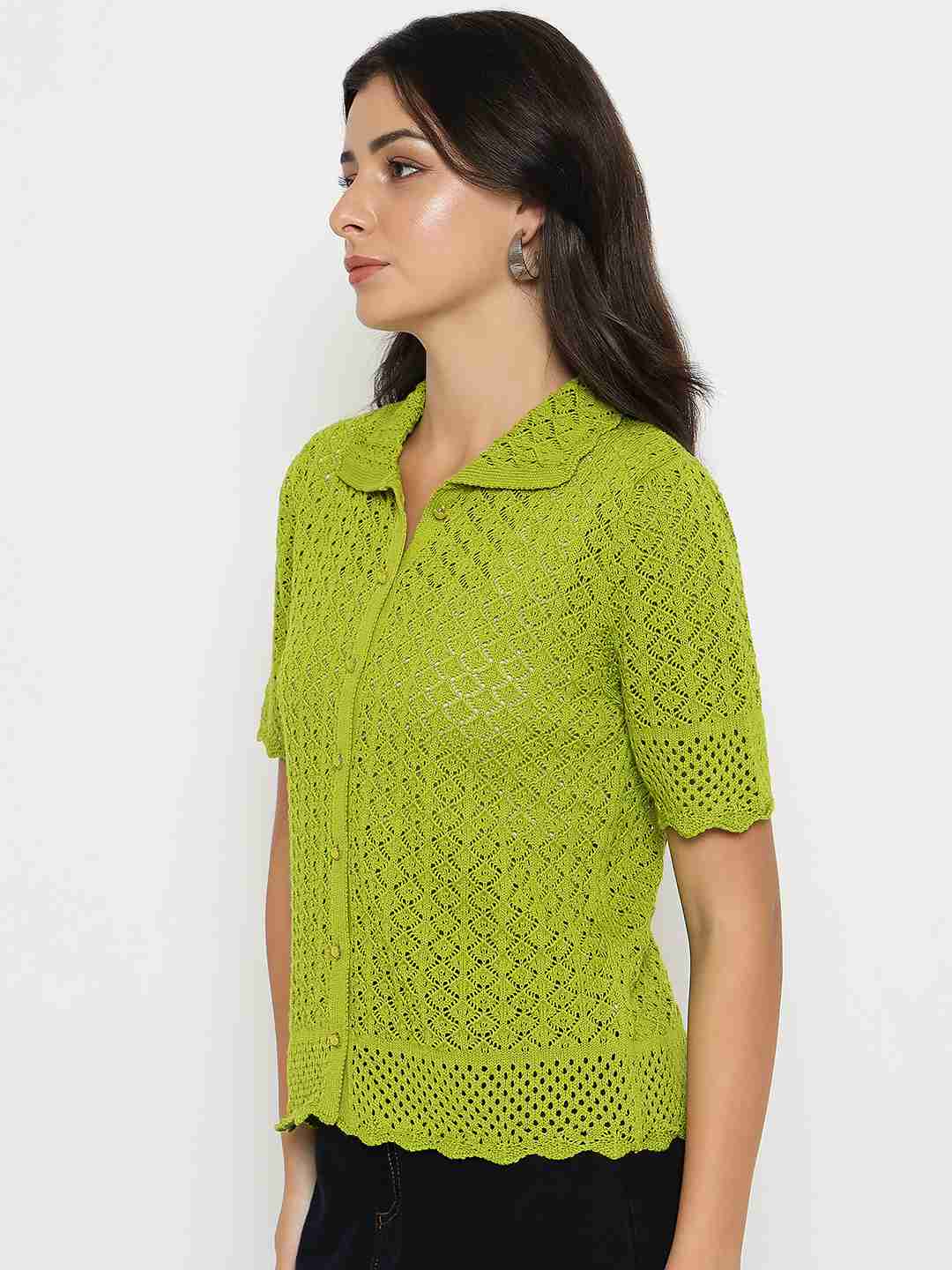 Madame Scalloped Hem Mehendi Green Knitted Polo Top - Image 5