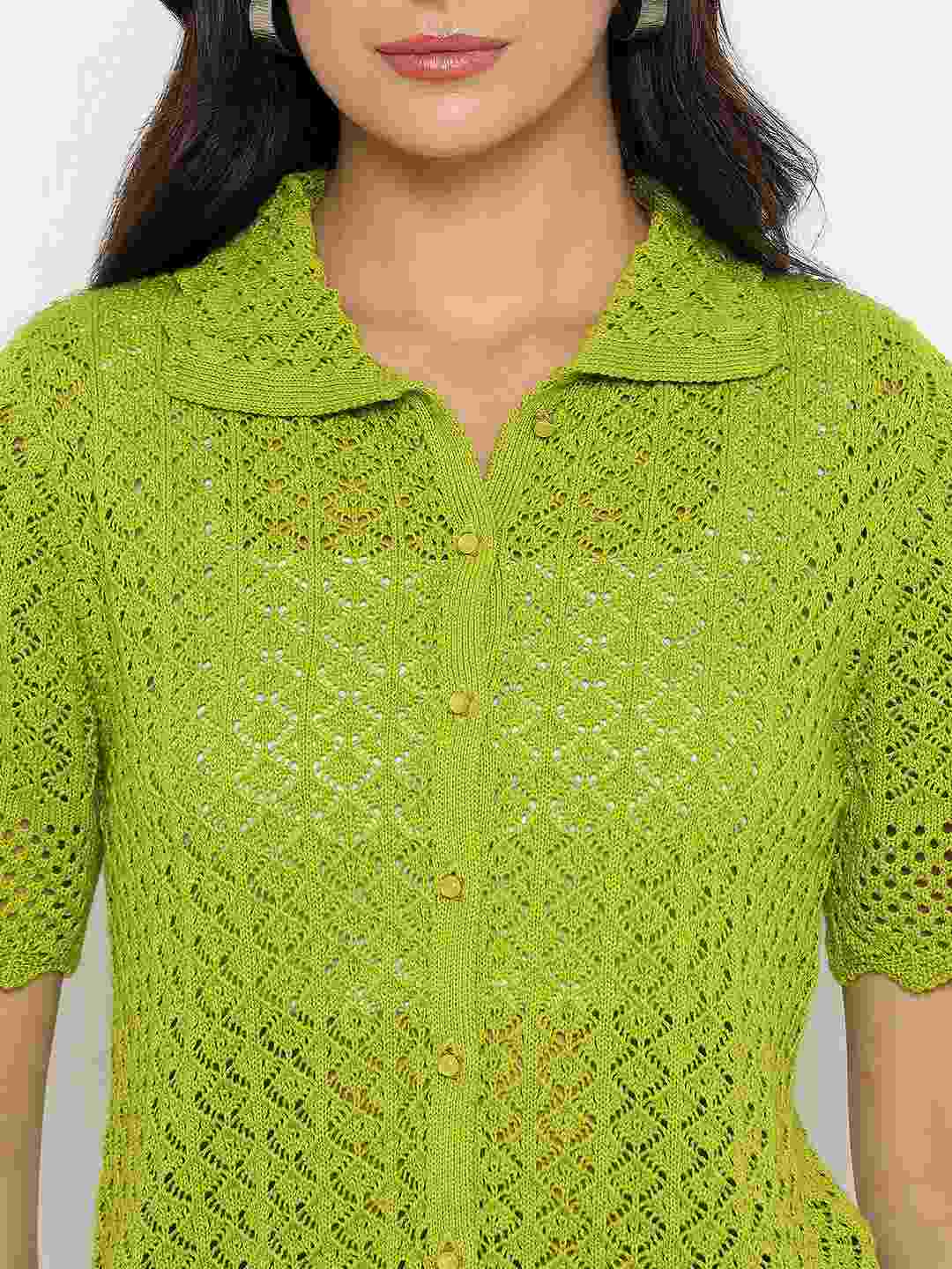 Madame Scalloped Hem Mehendi Green Knitted Polo Top - Image 7