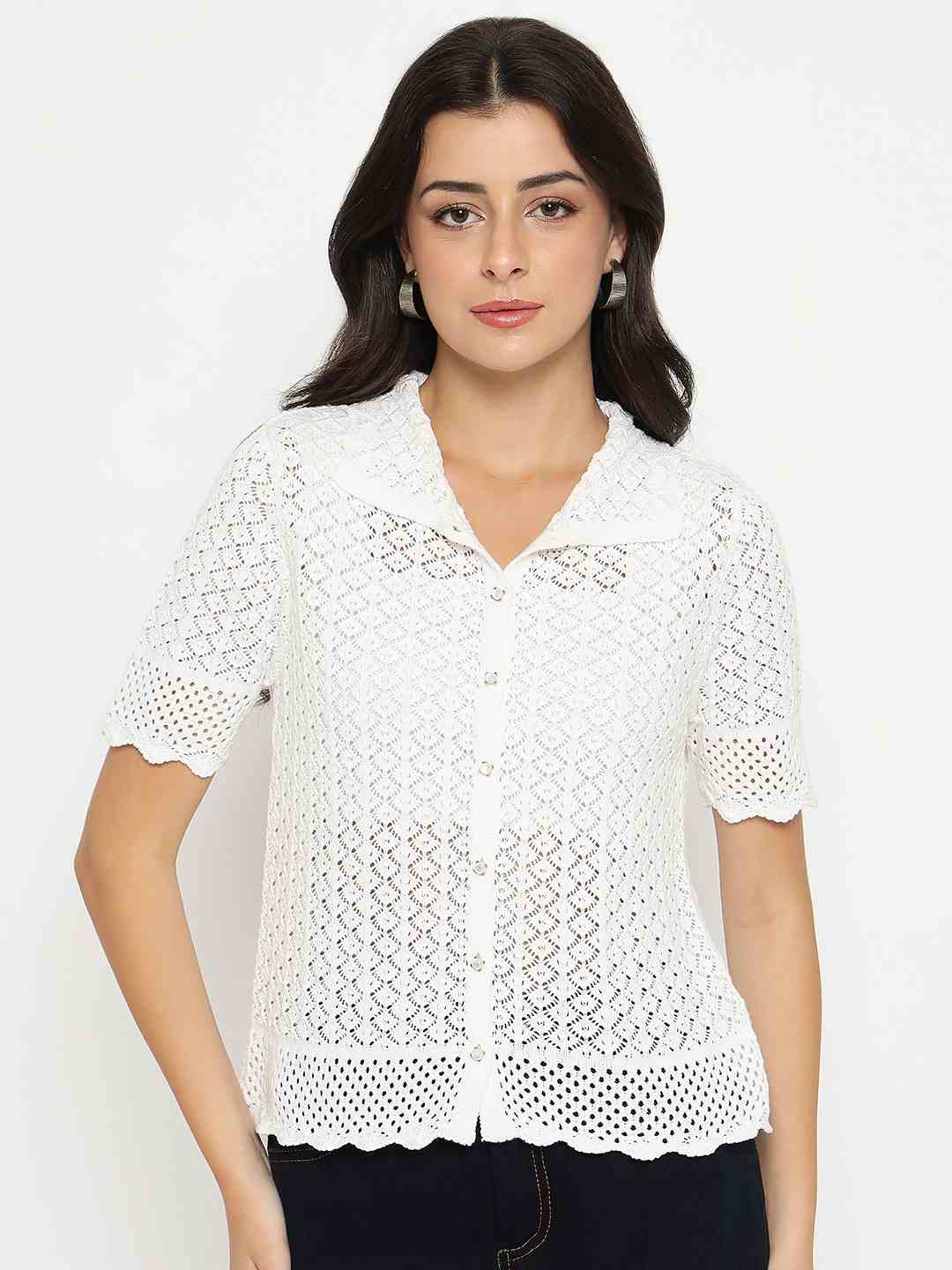Madame Scalloped Hem White Knitted Polo Top - Image 3