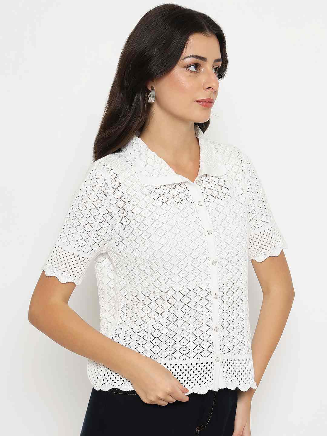 Madame Scalloped Hem White Knitted Polo Top - Image 4