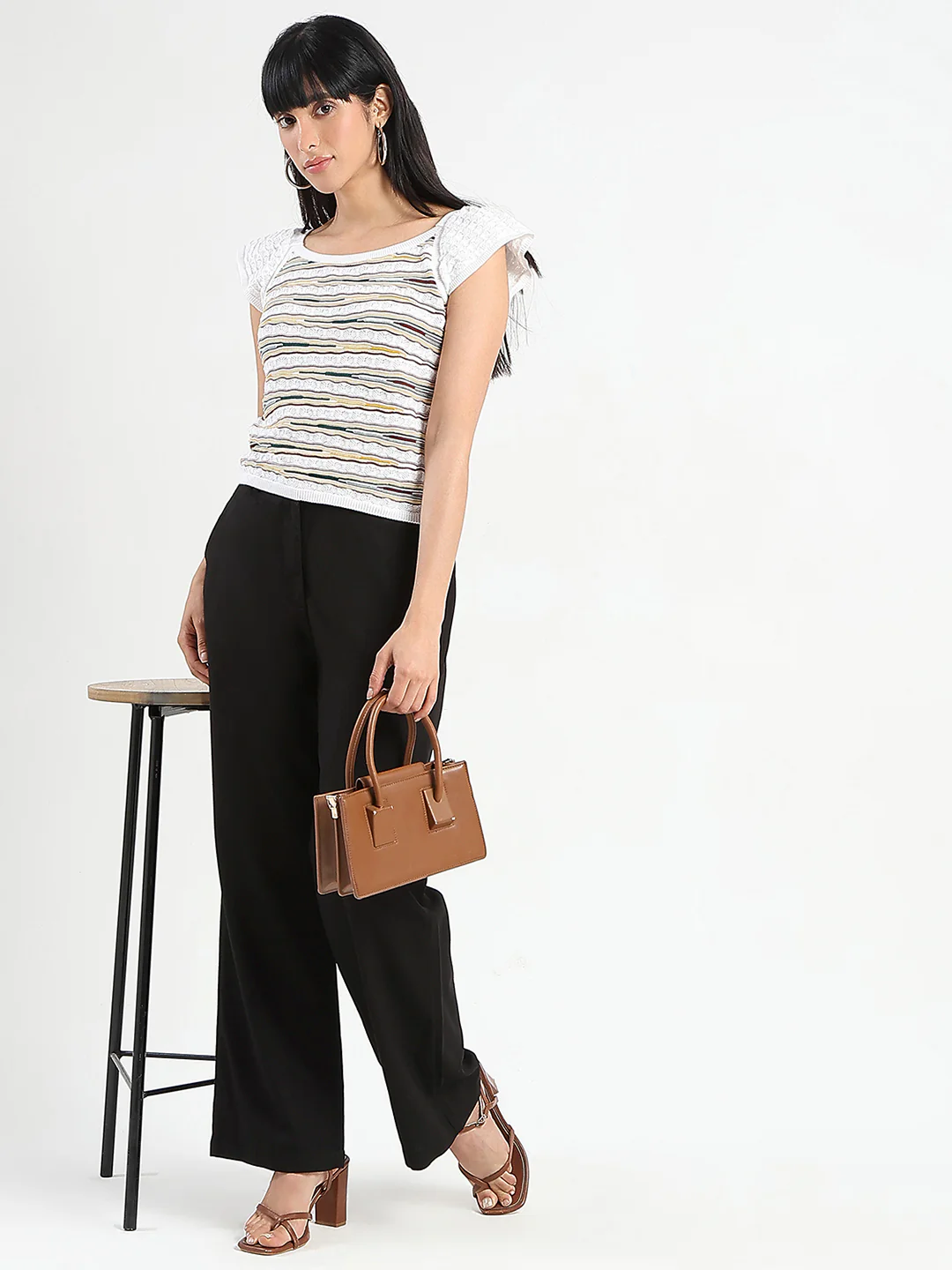 Madame Striped Crochet Multicolor Knit Cotton Crop Top - Image 2