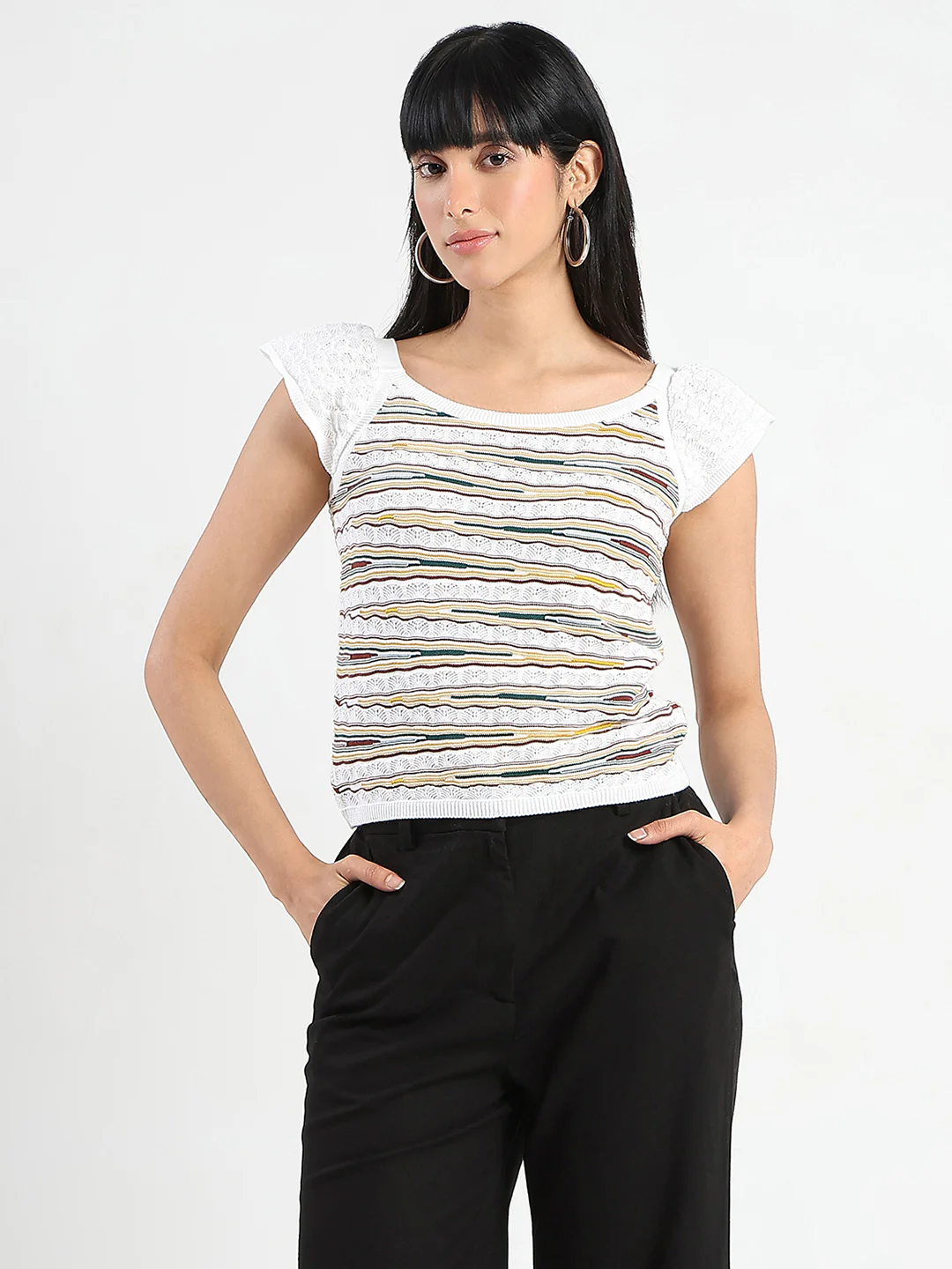 Madame Striped Crochet Multicolor Knit Cotton Crop Top - Image 3