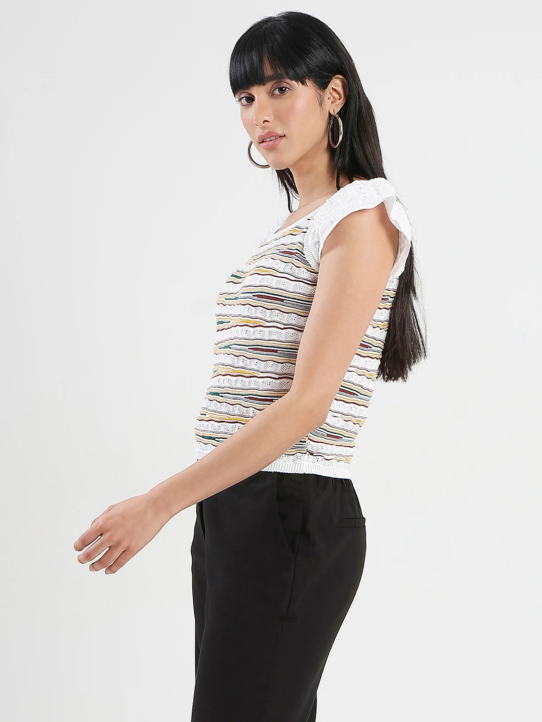 Madame Striped Crochet Multicolor Knit Cotton Crop Top - Image 5