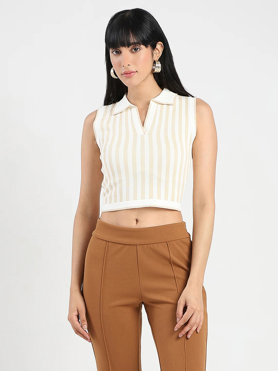 Madame Striped Wing Neck Beige Knitted Crop Top - Image 3
