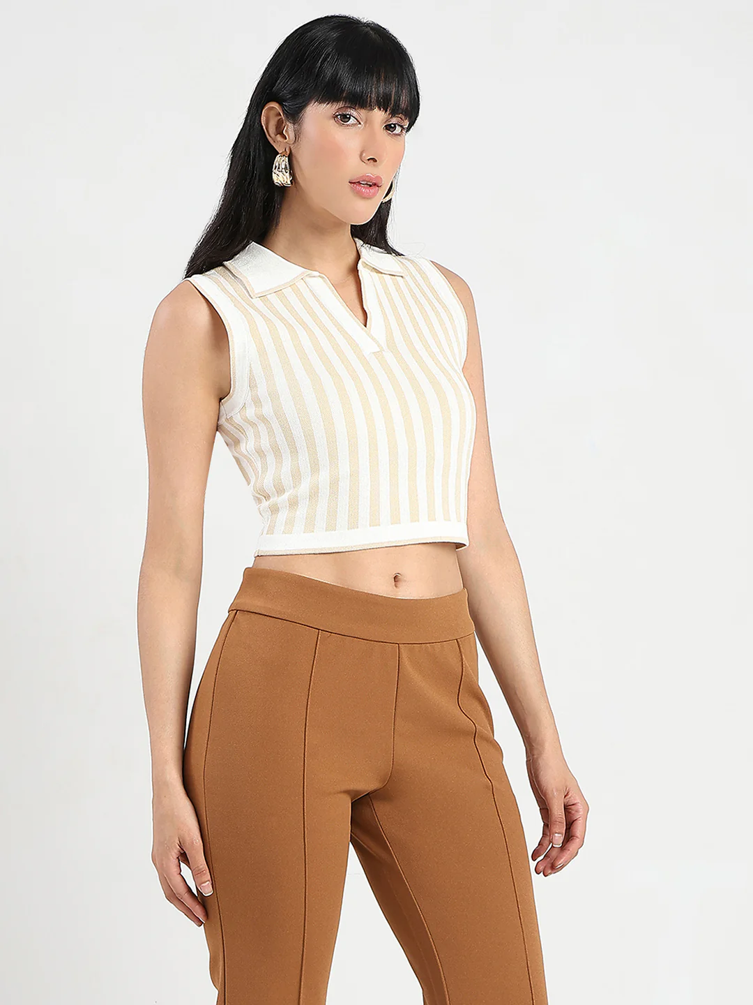 Madame Striped Wing Neck Beige Knitted Crop Top - Image 4