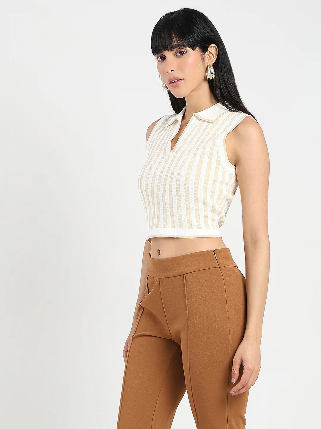 Madame Striped Wing Neck Beige Knitted Crop Top - Image 5